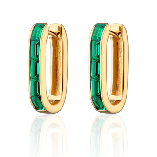 SCREAM PRETTY |  Oval Baguette Hoop Earrings with Green Stones | Gold Plated - LONDØNWORKS