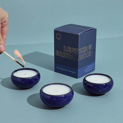 ZESTY LEMONS | Kiln Set of 3 Tea Lights | Leather & Sandalwood - LONDØNWORKS