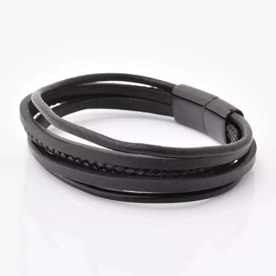 GLEN OGAL GROUP | Multi Layer Leather Bracelet | Black and Silver