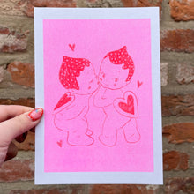 Load image into Gallery viewer, AMY HASTINGS | A5 Risograph Print | Kissing Kewpies