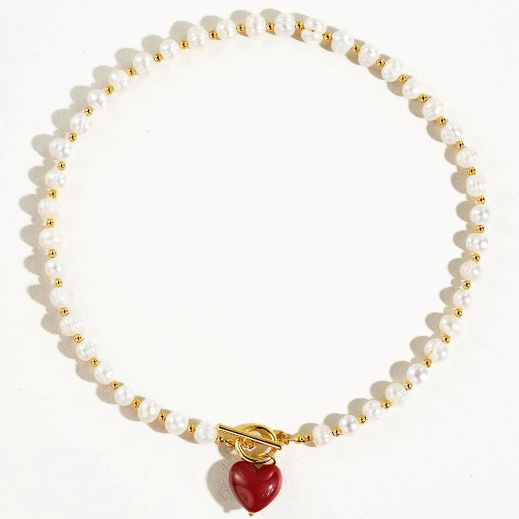 FLANERIE ACCESSORIES | Wren-Red Vintage Pearl Heart Necklace| Gold