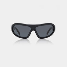 Load image into Gallery viewer, Black sunglasses with dark lenses on a light gray background