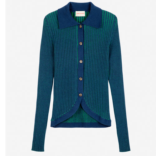 BOBO CHOSES | Bicolour Ribbed Knitted Collar Cardigan | Blue & Green