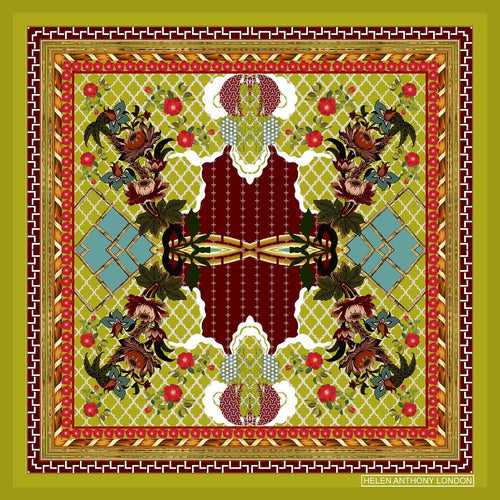 HELEN ANTHONY | Large Silk Foulard Scarf | Pea Green & Red - LONDØNWORKS