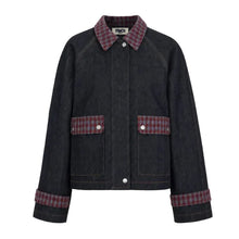 Load image into Gallery viewer, A dark denim jacket with red and black checkered accents on the collar, front flap pockets, and cuffs, shown against a plain white background.