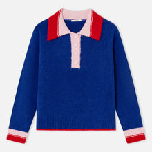 Load image into Gallery viewer, Blue sweater with red and light pink collar and cuffs on a grey background