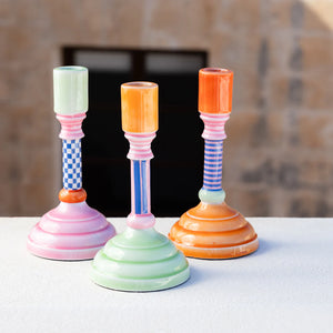 TALKING TABLES | Enamel Candle Holder Stripes | Multi Orange Green
