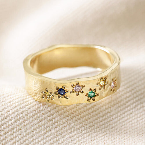 LISA ANGEL | Multicoloured Crystal Daisy Band Ring | Gold