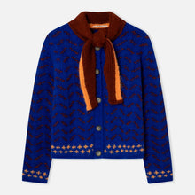 Load image into Gallery viewer, Blue patterned cardigan with a brown scarf collar on a light grey background