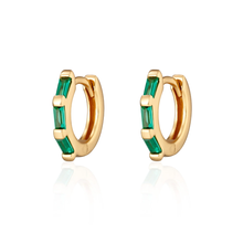 Load image into Gallery viewer, SCREAM PRETTY | Baguette Huggie Earrings With Green Stones | Gold Plated