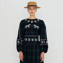 Load image into Gallery viewer, THE TINY BIG SISTER | Embroidered Check Puff Sleeves Blouse | Navy &amp; Dark Green