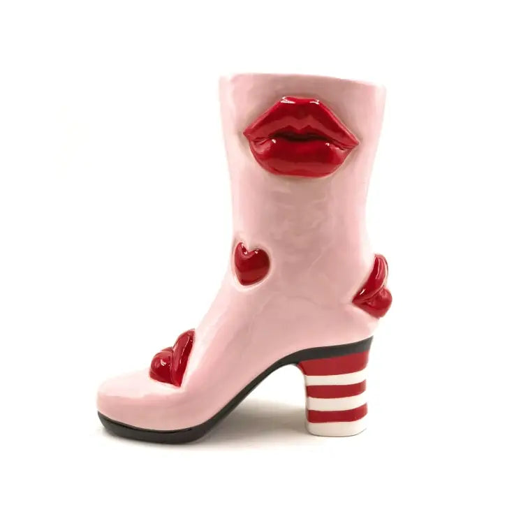 M & R | Hearts & Lips Heeled-Boot Ceramic Vase | Pink and Red