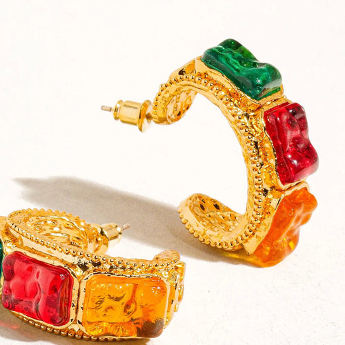 FLANERIE ACCESSORIES | Florence Vintage Gemstone Large Hoop Earrings | Multi-Coloured