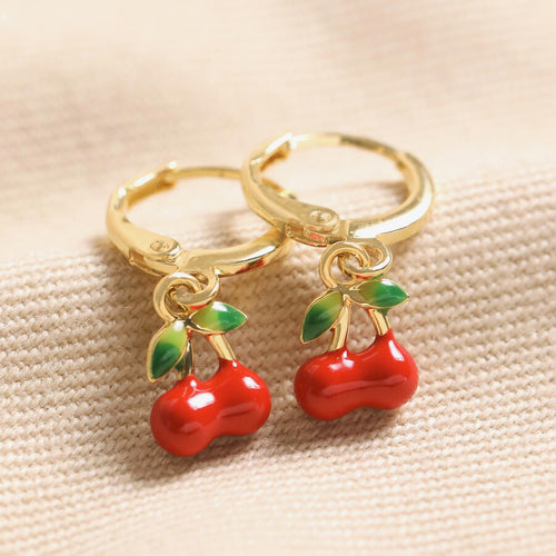 LISA ANGEL | Enamel Red Cherry Charm Huggie Hoop Earrings | Gold