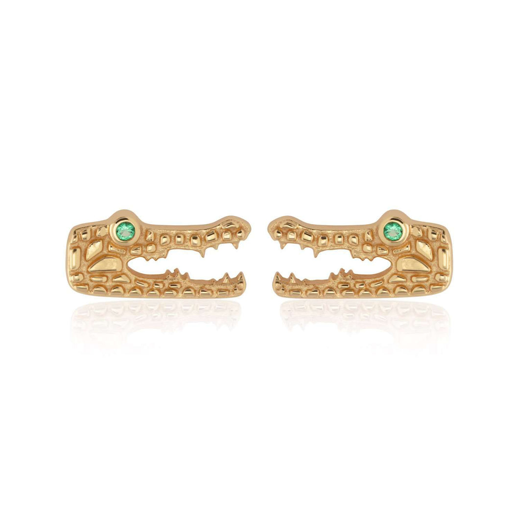 SCREAM PRETTY | Crocodile Stud Earrings With Green Eyes | Gold Plated