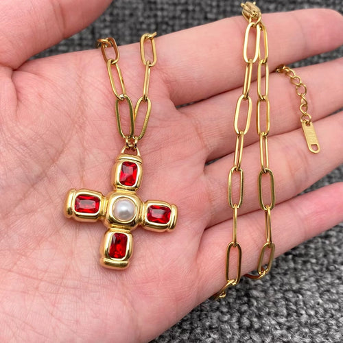 M. QUEENA | Red Zircon Cross | Gold Plated - LONDØNWORKS