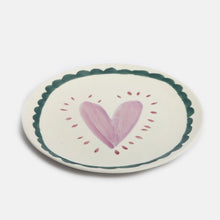 Load image into Gallery viewer, CAROLINE GARDNER | Lilac Heart/Teal Scallop Border Round Plate