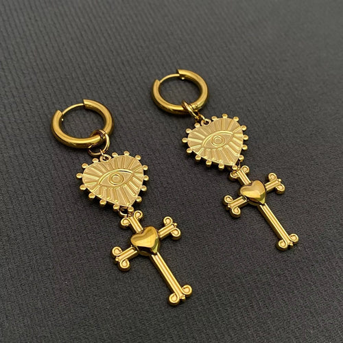 M. QUEENA | Cross and Eye Heart Huggie Earings | Golden Steel - LONDØNWORKS