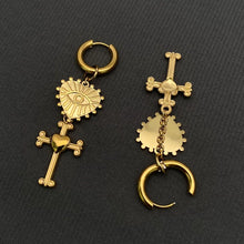Load image into Gallery viewer, M. QUEENA | Cross and Eye Heart Huggie Earings | Golden Steel - LONDØNWORKS