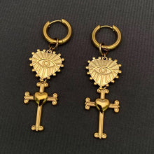 Load image into Gallery viewer, M. QUEENA | Cross and Eye Heart Huggie Earings | Golden Steel - LONDØNWORKS