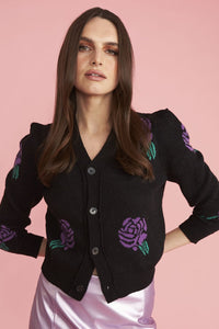 JAYLEY | Banana Peel Rose Applique Cardigan | Black