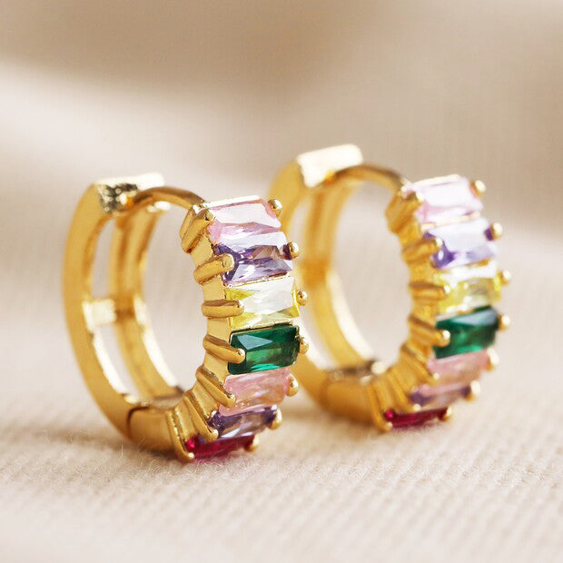 LISA ANGEL | Pink & Green Baguette Crystal Huggie Hoop Earrings | Gold - LONDØNWORKS