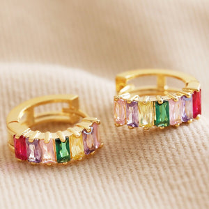 LISA ANGEL | Pink & Green Baguette Crystal Huggie Hoop Earrings | Gold - LONDØNWORKS