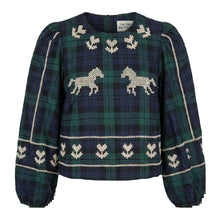 Load image into Gallery viewer, THE TINY BIG SISTER | Embroidered Check Puff Sleeves Blouse | Navy &amp; Dark Green