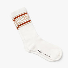 Load image into Gallery viewer, A single white crew sock with a brown and beige striped cuff featuring the brand name 'PARLEZ' in white, shown on a light gray background.