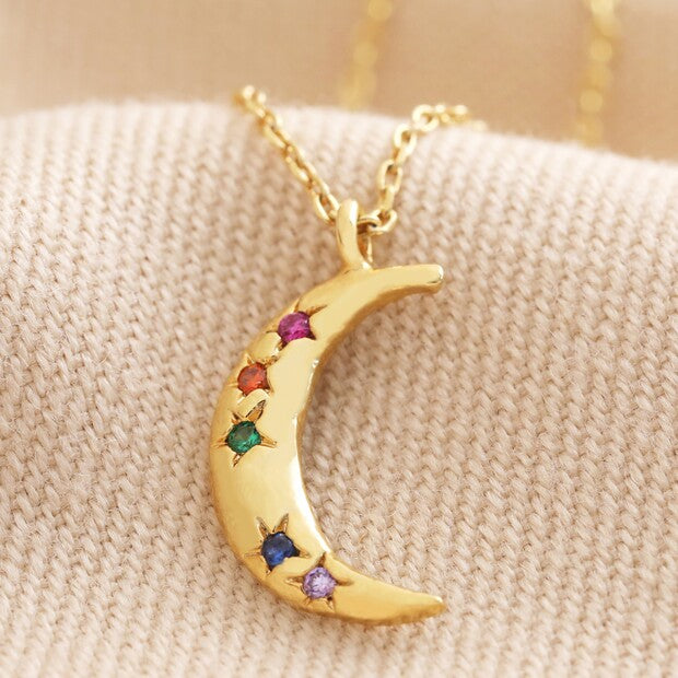LISA ANGEL | Rainbow Crystal Crescent Moon Pendant Necklace | Gold - LONDØNWORKS