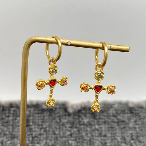 M. QUEENA | Golden Cross Huggie Earrings | Gold Plated - LONDØNWORKS
