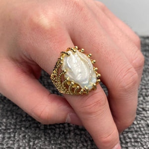 M. QUEENA | Inlaid Pearl Hollow Adjustable Ring | Gold Plated - LONDØNWORKS