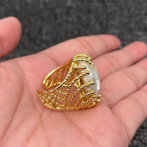 M. QUEENA | Inlaid Pearl Hollow Adjustable Ring | Gold Plated - LONDØNWORKS