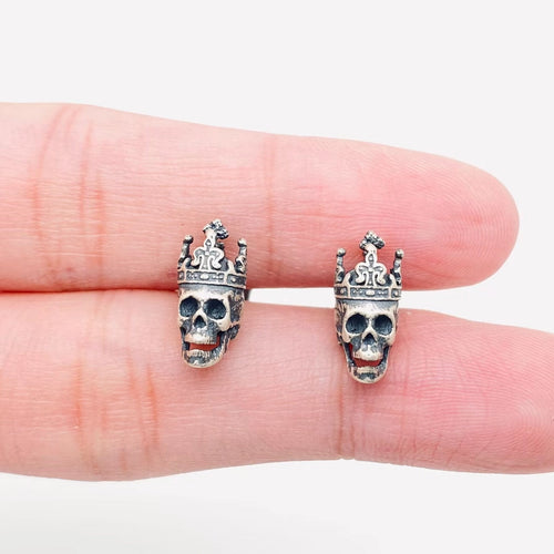M. QUEENA | Skull with Crown Ear Studs | Sterling Silver - LONDØNWORKS