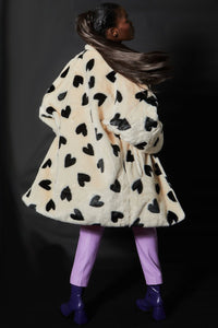 JAYLEY | Statement Faux Fur Coat Lola Black Hearts | Cream - LONDØNWORKS